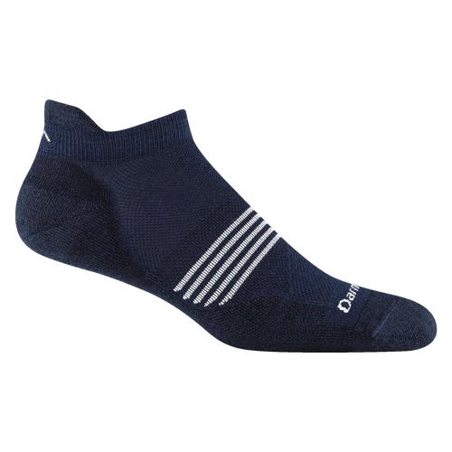 Navy ankle sock with white stripes on a white background
