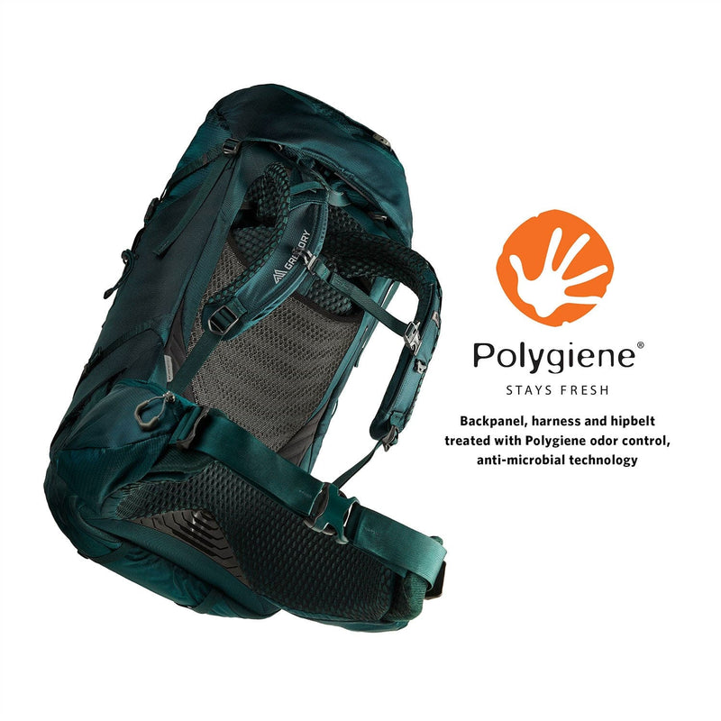 Load image into Gallery viewer, Green hiking backpack with Polygiene logo and text on a white background
