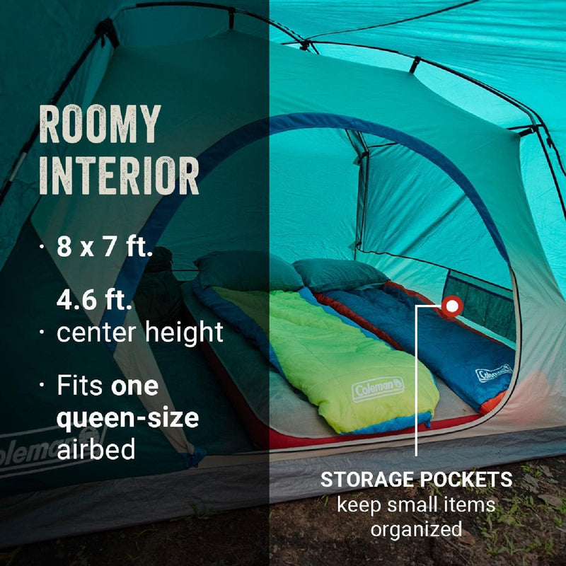 Load image into Gallery viewer, Camping tent interior with Coleman sleeping bags and text highlighting features