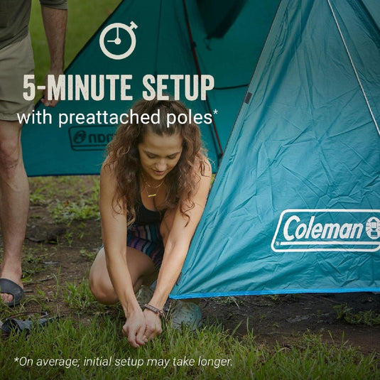 Woman setting up a Coleman tent with text indicating 5-minute setup.