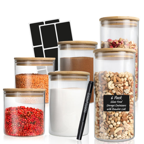 6 Glass Storage Jars with Lids, Includes Chalkboard Stickers and Chalk Pen by Moritz & Moritz