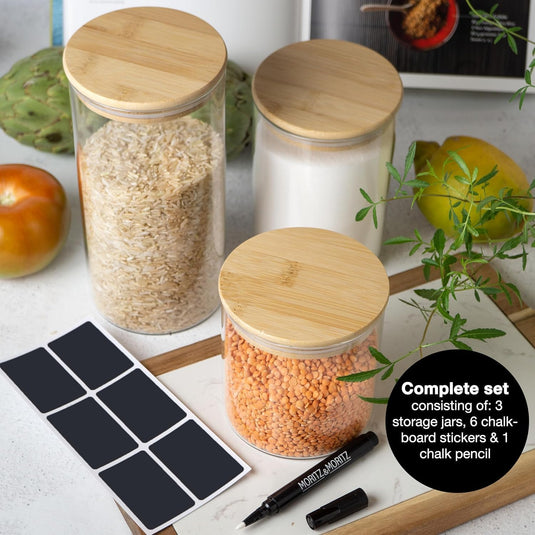 6 Glass Storage Jars with Lids, Includes Chalkboard Stickers and Chalk Pen by Moritz & Moritz