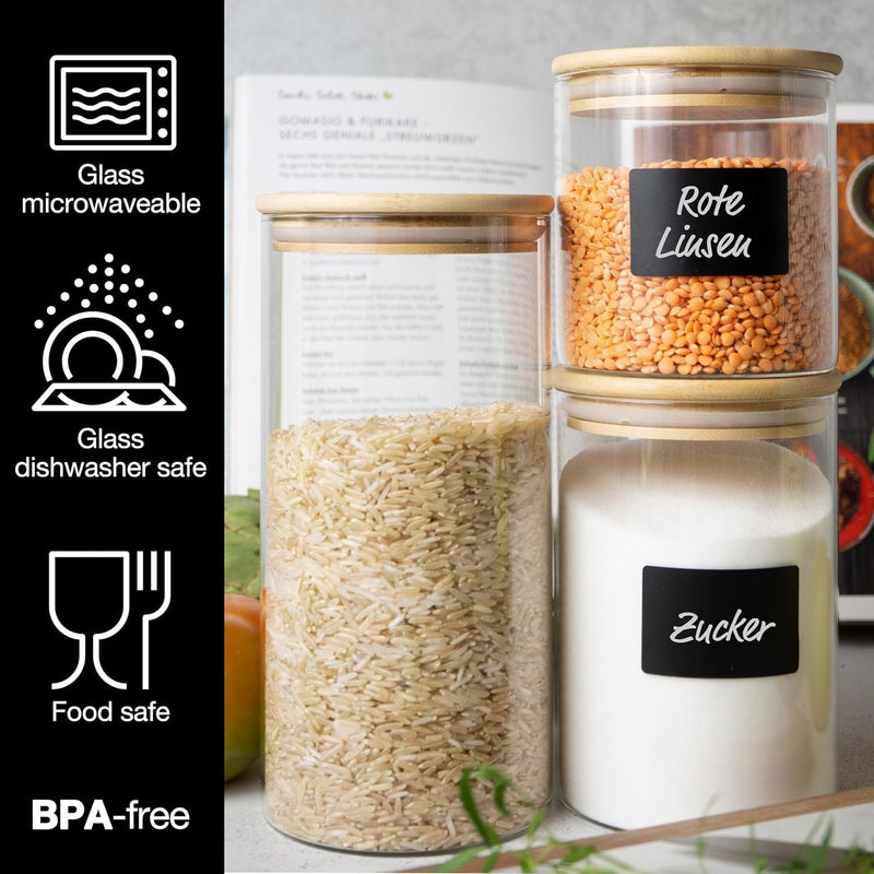 Load image into Gallery viewer, 6 Glass Storage Jars with Lids, Includes Chalkboard Stickers and Chalk Pen by Moritz & Moritz