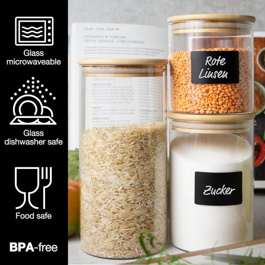 6 Glass Storage Jars with Lids, Includes Chalkboard Stickers and Chalk Pen by Moritz & Moritz