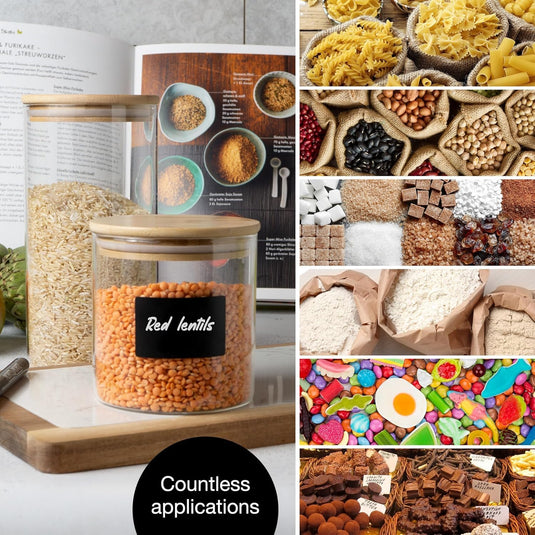 6 Glass Storage Jars with Lids, Includes Chalkboard Stickers and Chalk Pen by Moritz & Moritz