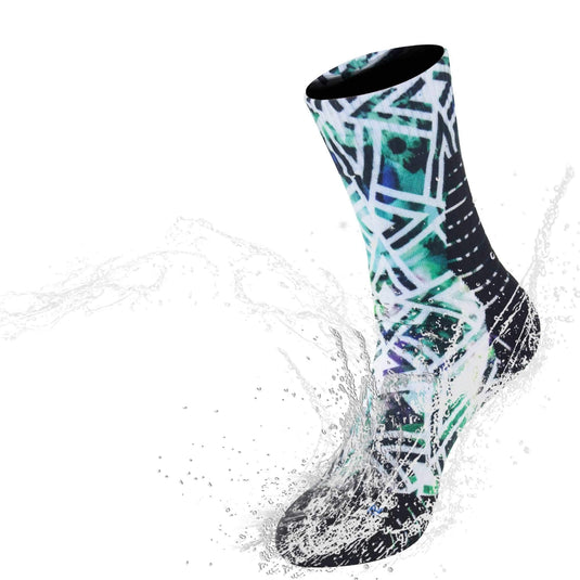 Multicolor Yatta Life Ultimate Unisex Waterproof Socks splashing in water, over ankle length, suitable for outdoor activities.