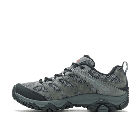 Gray hiking shoe with black sole on a white background