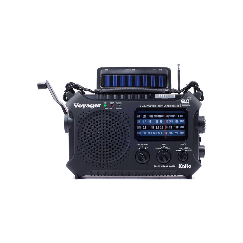 Load image into Gallery viewer, Black Voyager radio with solar panel on a white background