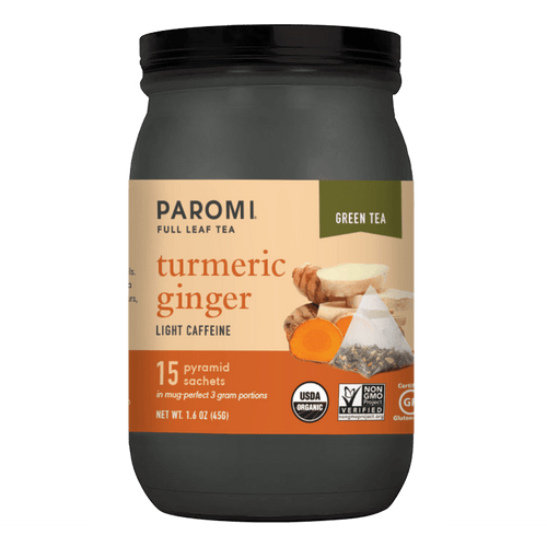 Organic Turmeric Ginger Green Tea, Full Leaf, in Pyramid Tea Bags by Paromi Tea