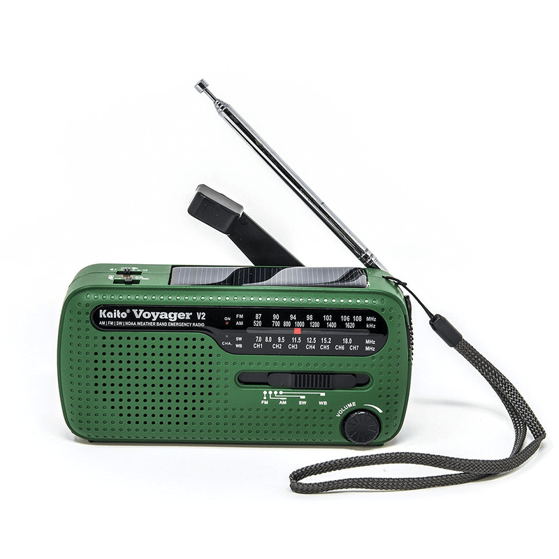 Load image into Gallery viewer, Green portable radio with antenna on a white background
