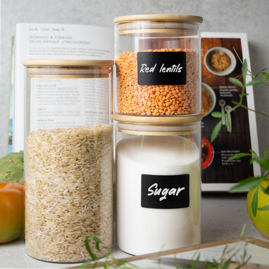6 Glass Storage Jars with Lids, Includes Chalkboard Stickers and Chalk Pen by Moritz & Moritz