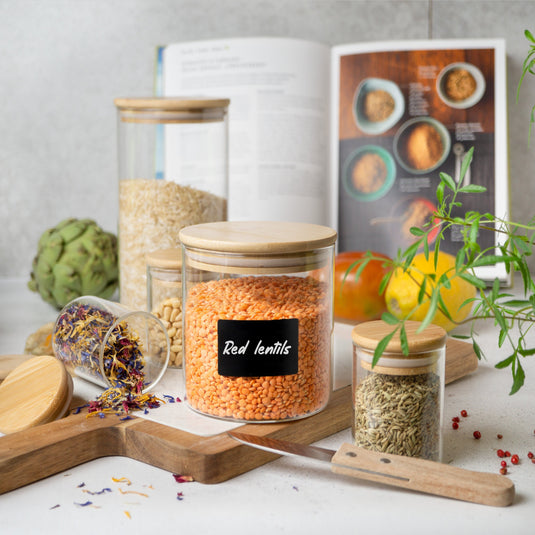 6 Glass Storage Jars with Lids, Includes Chalkboard Stickers and Chalk Pen by Moritz & Moritz