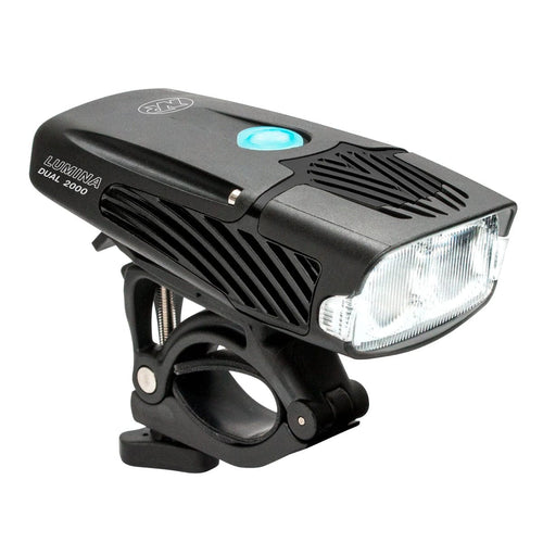 Black bicycle headlight with clip on a white background