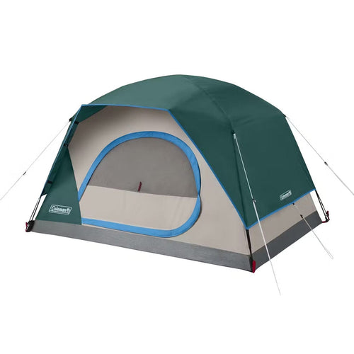 Green and gray tent with a small window on a white background