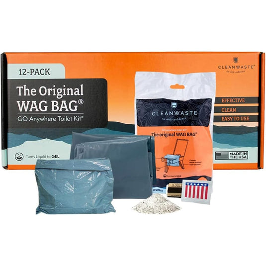WAG BAG Go Anywhere Toilet Kit packaging with components on a white background