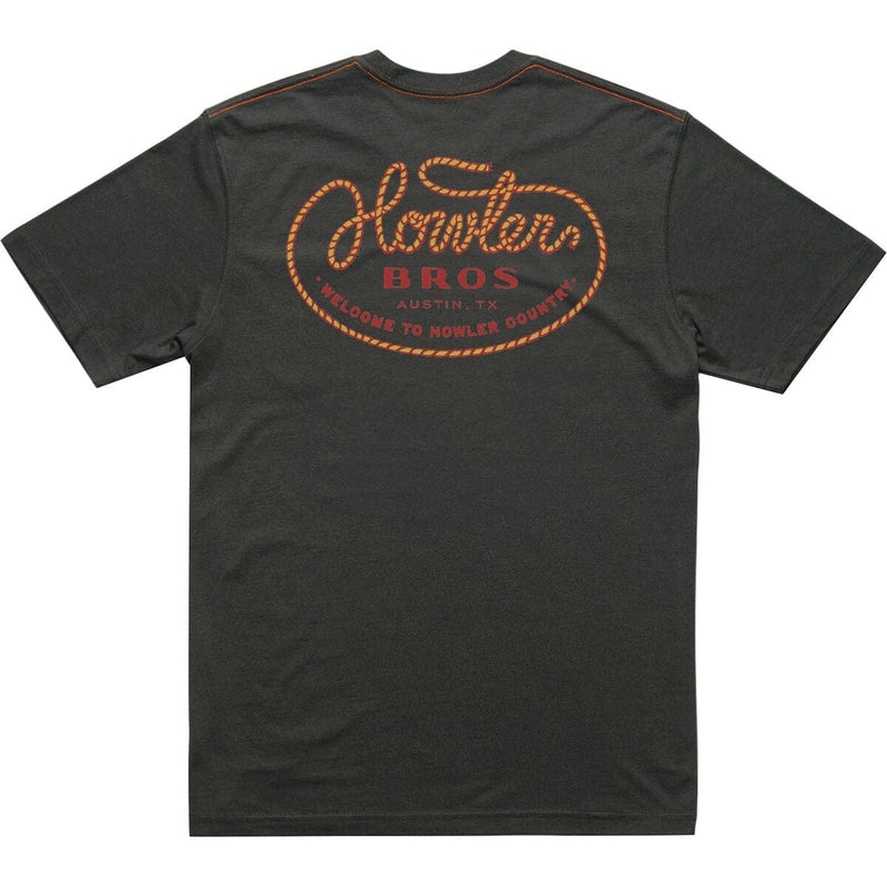 Load image into Gallery viewer, Black t-shirt with orange and red text on the back on a white background
