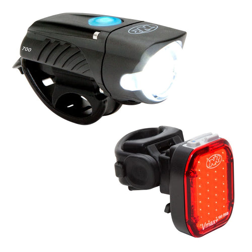Bicycle light set with front and rear lights on a white background