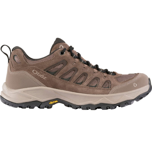 Brown hiking shoe with black accents on a white background