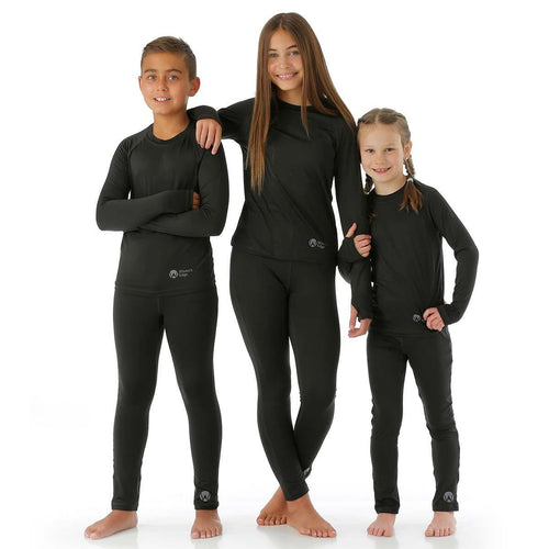 Three children wearing black wetsuits on a white background