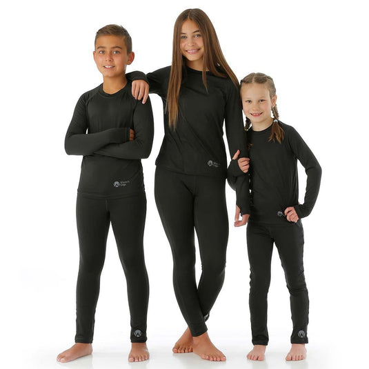 Three children wearing black wetsuits on a white background