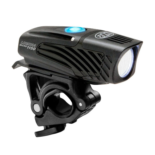 Black bicycle light with blue indicator on a white background