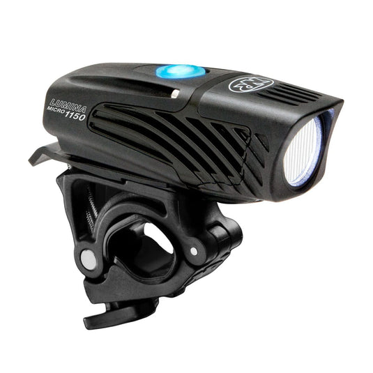 Black bicycle light with blue indicator on a white background