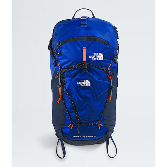 Blue backpack with The North Face logo on a white background