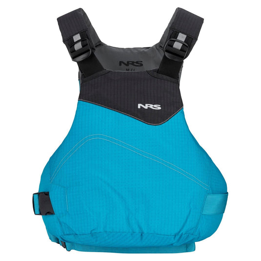 Blue and black life vest with NRS logo on a white background