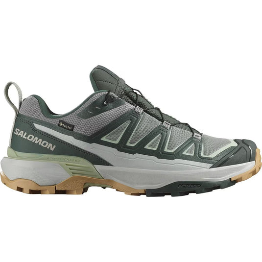 A Salomon X Ultra 360 Edge GTX hiking shoe for men with a green upper, beige sole, and black detailing.