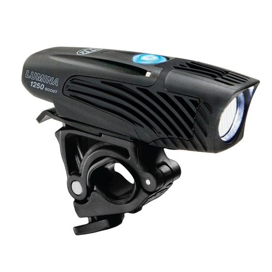 Black bicycle light with 'Lumina' branding on a white background