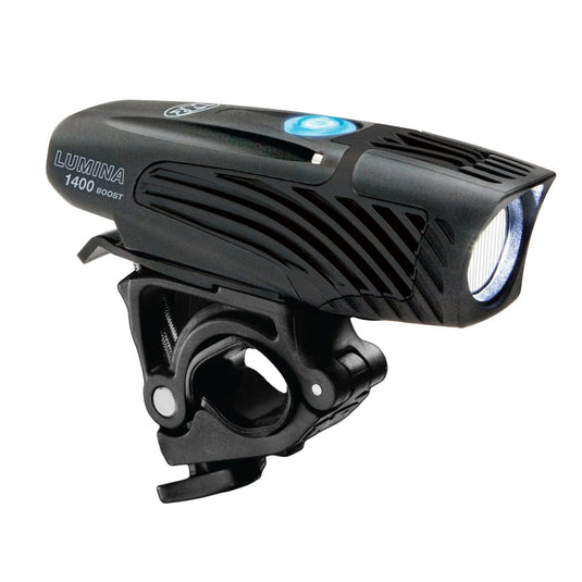 Black bicycle headlight with 'Lumina' branding on a white background