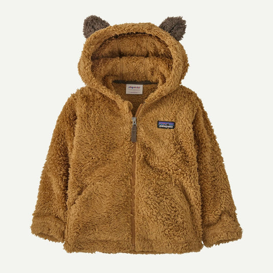 Brown teddy bear hooded jacket with Patagonia logo on a white background