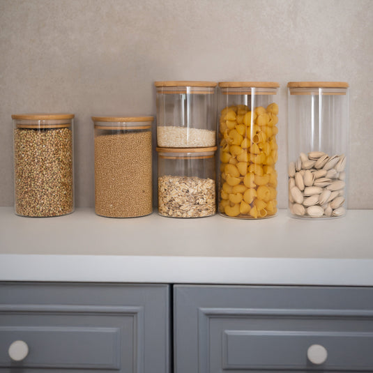 6 Glass Storage Jars with Lids, Includes Chalkboard Stickers and Chalk Pen by Moritz & Moritz