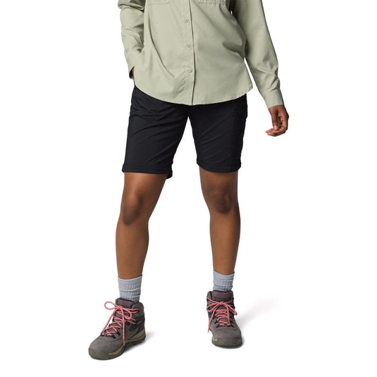 Person wearing black shorts, a light-colored shirt, hiking boots, and socks on a white background