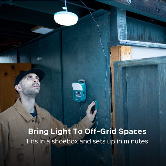 Person installing a small light fixture on a wall with text about off-grid lighting solutions.