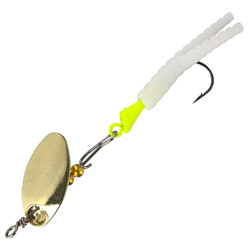 Load image into Gallery viewer, Fishing lure with gold blade and white and yellow ribbings on a white background