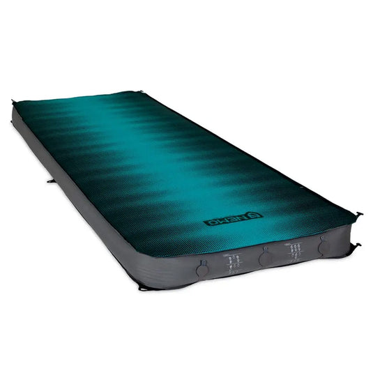 Teal and gray camping air mattress on a white background
