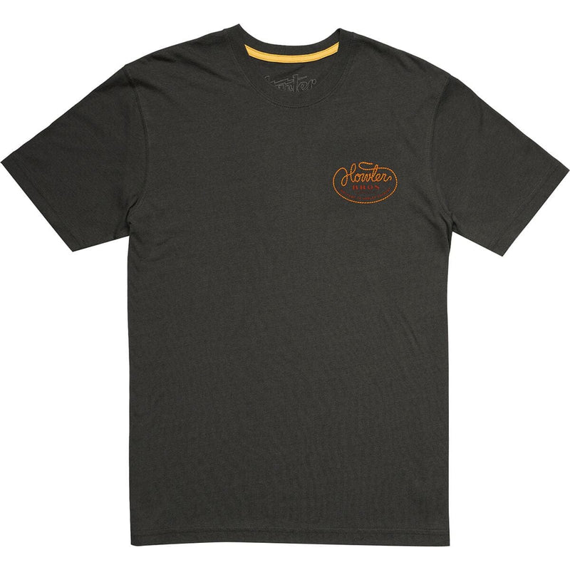 Load image into Gallery viewer, Black t-shirt with a logo on the chest against a white background

