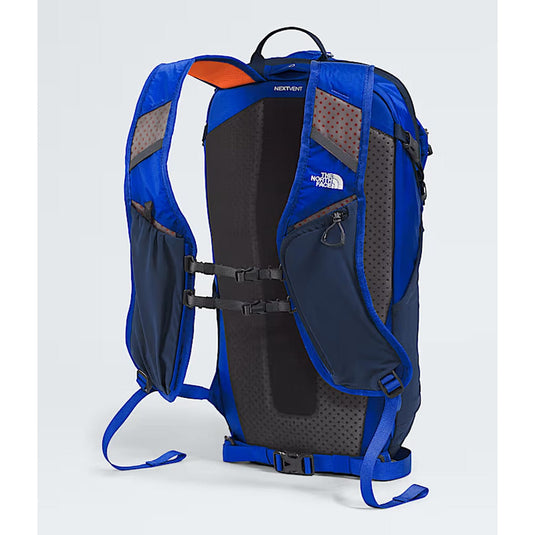 Blue and black backpack with visible branding on a white background