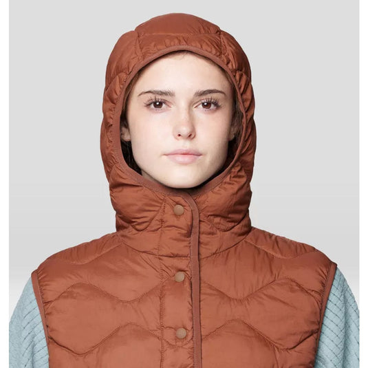 Person wearing a brown quilted vest with a hood on a light gray background