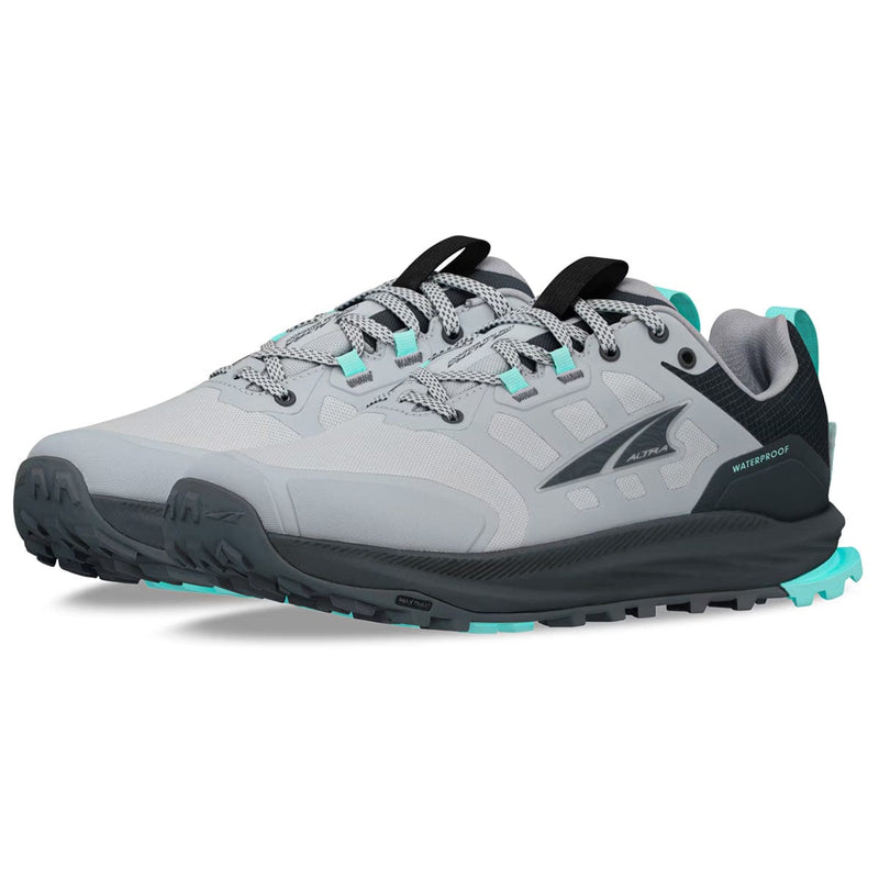 Load image into Gallery viewer, Gray and black athletic shoe with teal accents on a white background