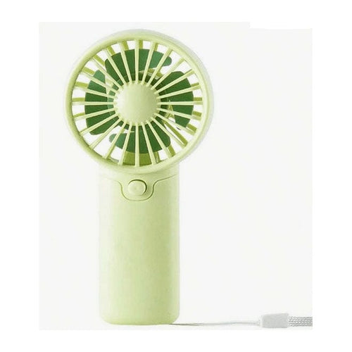 Green handheld fan on a white background
