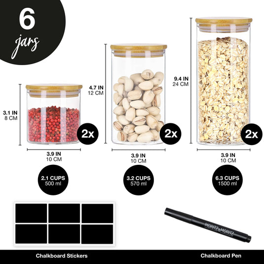6 Glass Storage Jars with Lids, Includes Chalkboard Stickers and Chalk Pen by Moritz & Moritz