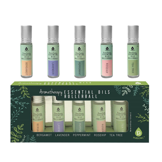 Aromatherapy Essential Oils Rollerballs (Bergamot, Lavender, Peppermint, Rosehip, Tea Tree) by Pursonic